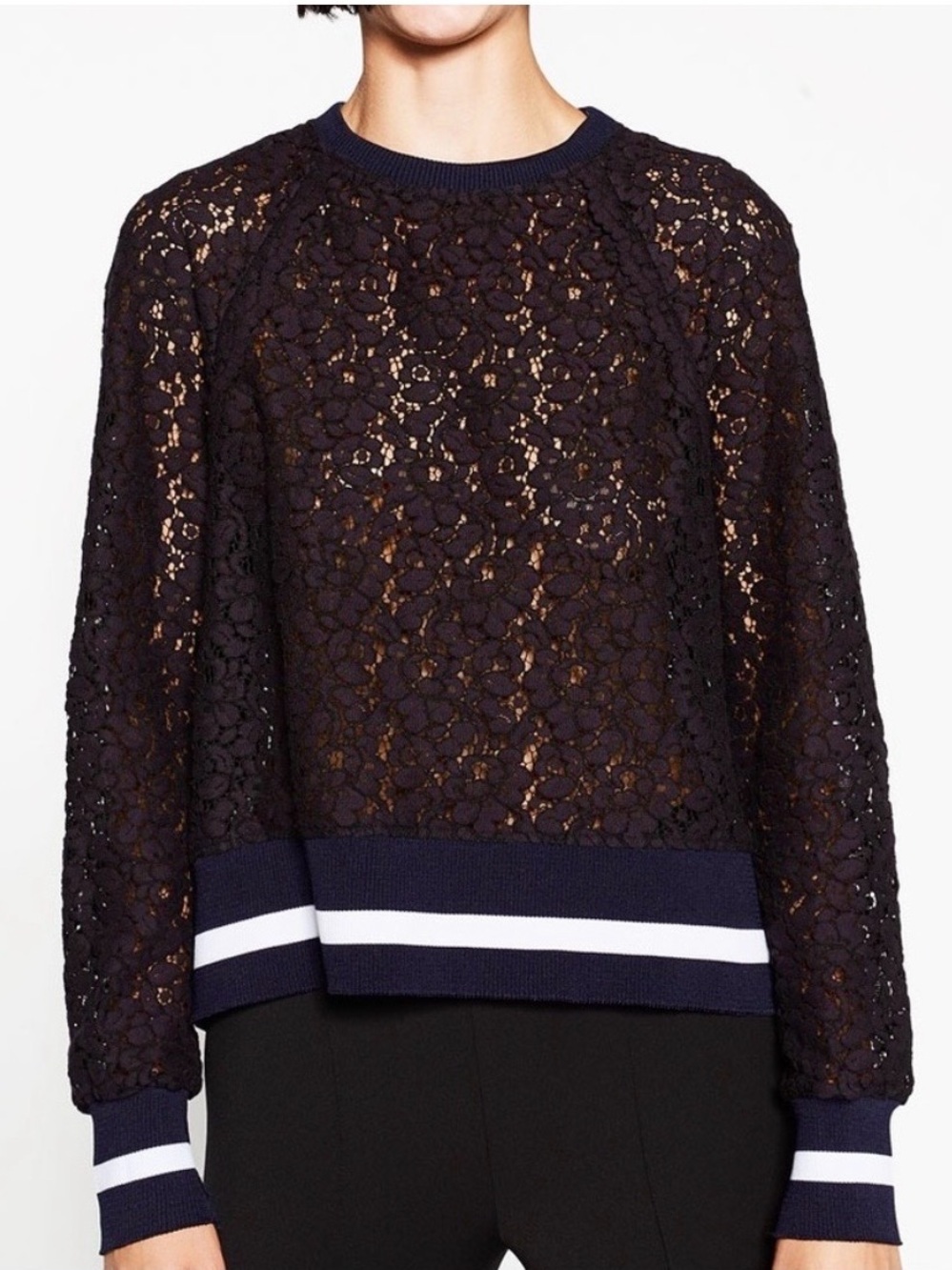 Zara Woman Lace Long Sleeve Pullover Sweatshirt Size Small Black Stripe Band